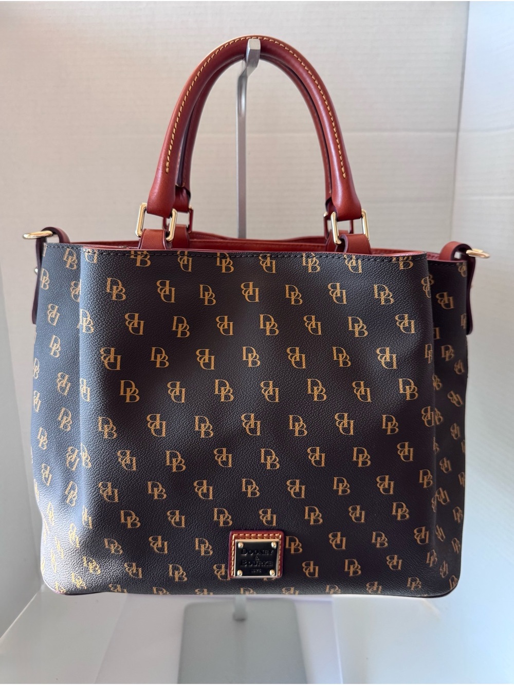 Dooney & Bourke Brown Logo Satchel with Red-Brown Handles